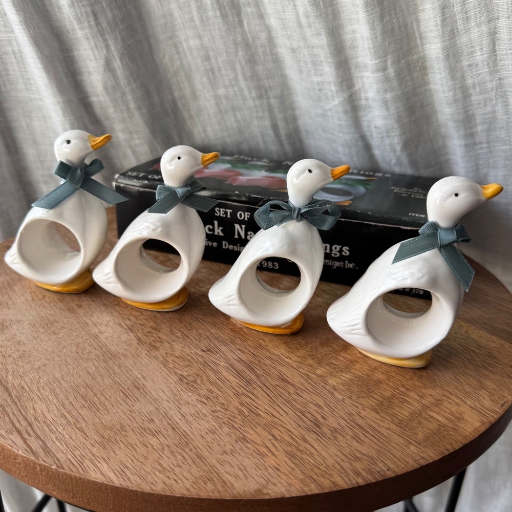 Vintage 1983 Country Duck Napkin Ringa Ceramic Set of 4 White Blue Bow *READ